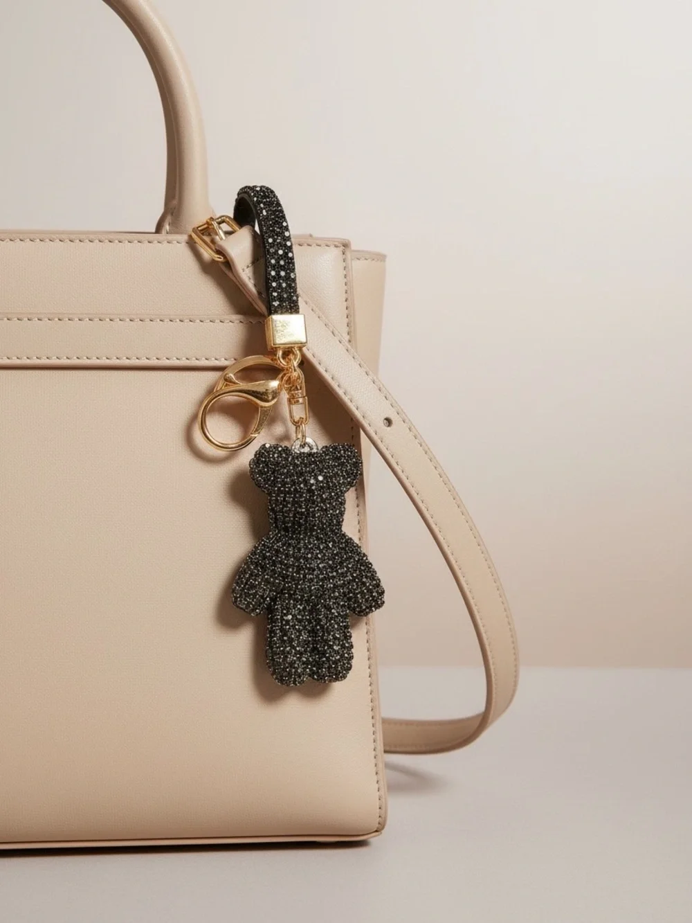 Gold Keyring with Black Crystal Teddy Charm and Strap